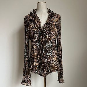 Le Caviar Printed Ruffle Button Up Blouse Size Large